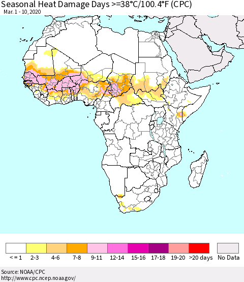 Africa Seasonal Heat Damage Days >=38°C/100°F (CPC) Thematic Map For 3/1/2020 - 3/10/2020