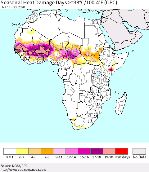 Africa Seasonal Heat Damage Days >=38°C/100°F (CPC) Thematic Map For 3/1/2020 - 3/20/2020