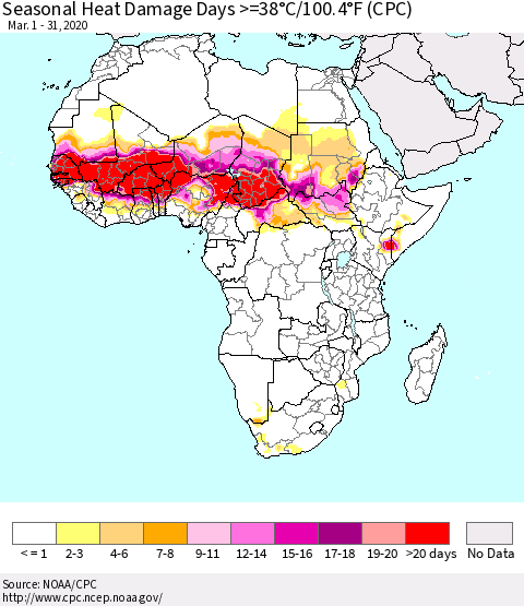 Africa Seasonal Heat Damage Days >=38°C/100°F (CPC) Thematic Map For 3/1/2020 - 3/31/2020