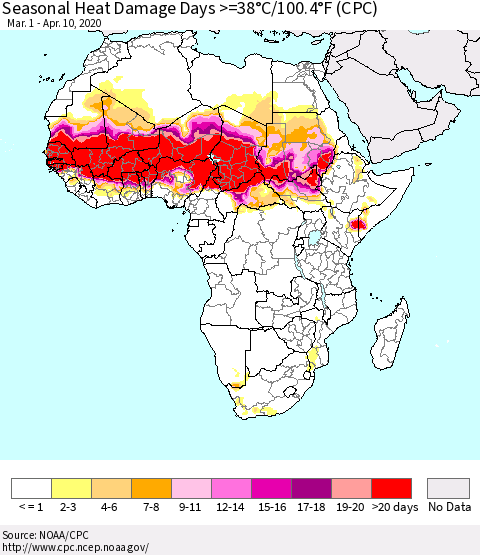 Africa Seasonal Heat Damage Days >=38°C/100°F (CPC) Thematic Map For 3/1/2020 - 4/10/2020