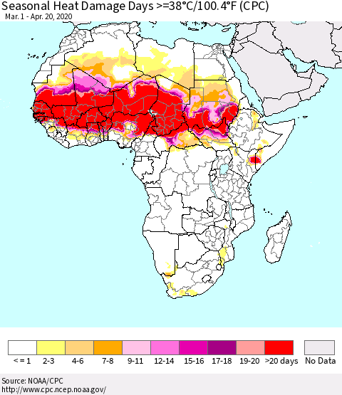 Africa Seasonal Heat Damage Days >=38°C/100°F (CPC) Thematic Map For 3/1/2020 - 4/20/2020