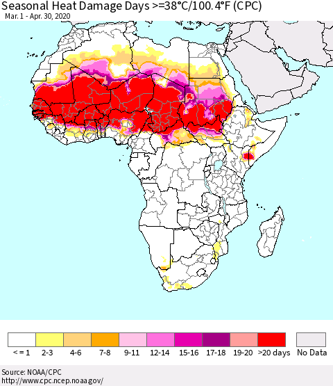 Africa Seasonal Heat Damage Days >=38°C/100°F (CPC) Thematic Map For 3/1/2020 - 4/30/2020