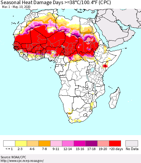 Africa Seasonal Heat Damage Days >=38°C/100°F (CPC) Thematic Map For 3/1/2020 - 5/10/2020