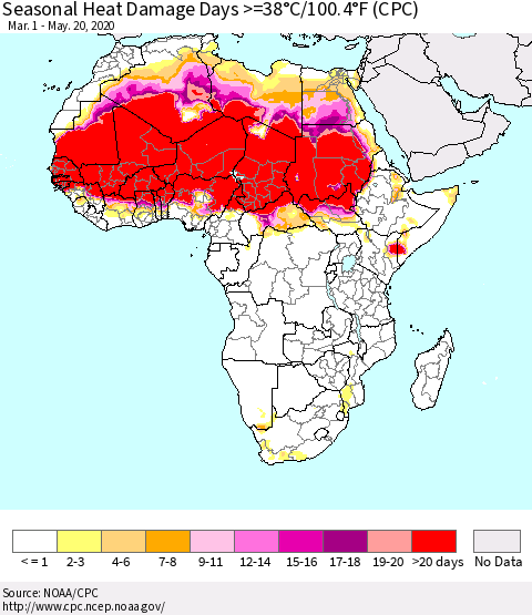 Africa Seasonal Heat Damage Days >=38°C/100°F (CPC) Thematic Map For 3/1/2020 - 5/20/2020