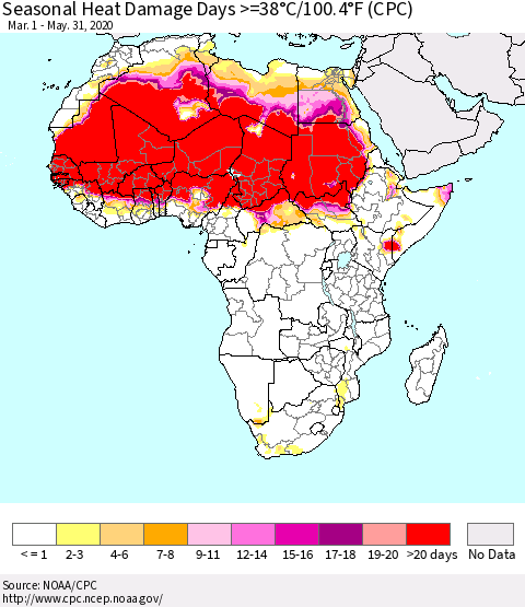 Africa Seasonal Heat Damage Days >=38°C/100°F (CPC) Thematic Map For 3/1/2020 - 5/31/2020