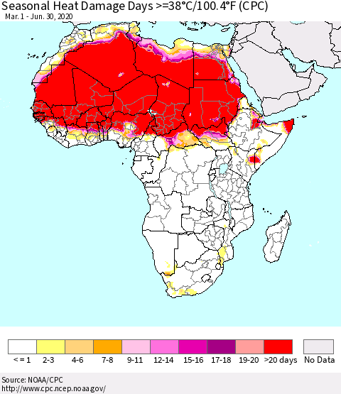 Africa Seasonal Heat Damage Days >=38°C/100°F (CPC) Thematic Map For 3/1/2020 - 6/30/2020
