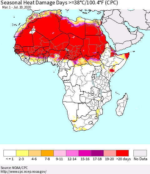 Africa Seasonal Heat Damage Days >=38°C/100°F (CPC) Thematic Map For 3/1/2020 - 7/20/2020