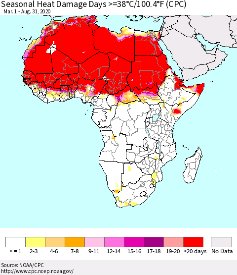 Africa Seasonal Heat Damage Days >=38°C/100°F (CPC) Thematic Map For 3/1/2020 - 8/31/2020
