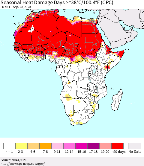 Africa Seasonal Heat Damage Days >=38°C/100°F (CPC) Thematic Map For 3/1/2020 - 9/20/2020