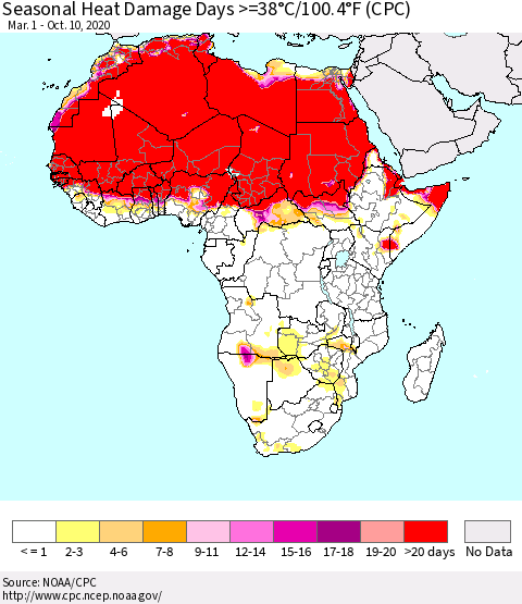 Africa Seasonal Heat Damage Days >=38°C/100°F (CPC) Thematic Map For 3/1/2020 - 10/10/2020