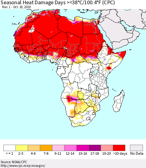 Africa Seasonal Heat Damage Days >=38°C/100°F (CPC) Thematic Map For 3/1/2020 - 10/20/2020