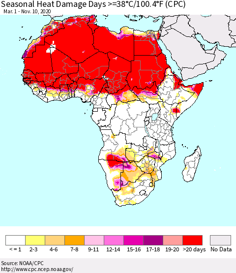 Africa Seasonal Heat Damage Days >=38°C/100°F (CPC) Thematic Map For 3/1/2020 - 11/10/2020