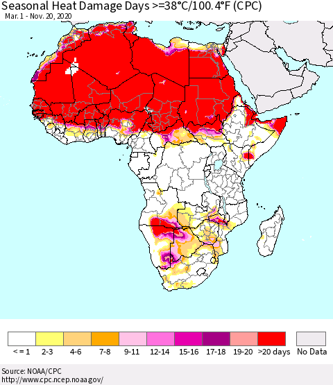 Africa Seasonal Heat Damage Days >=38°C/100°F (CPC) Thematic Map For 3/1/2020 - 11/20/2020
