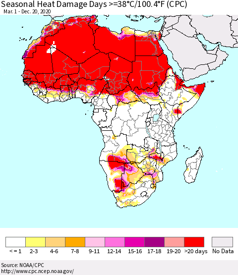 Africa Seasonal Heat Damage Days >=38°C/100°F (CPC) Thematic Map For 3/1/2020 - 12/20/2020
