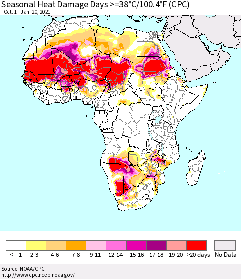 Africa Seasonal Heat Damage Days >=38°C/100°F (CPC) Thematic Map For 10/1/2020 - 1/20/2021
