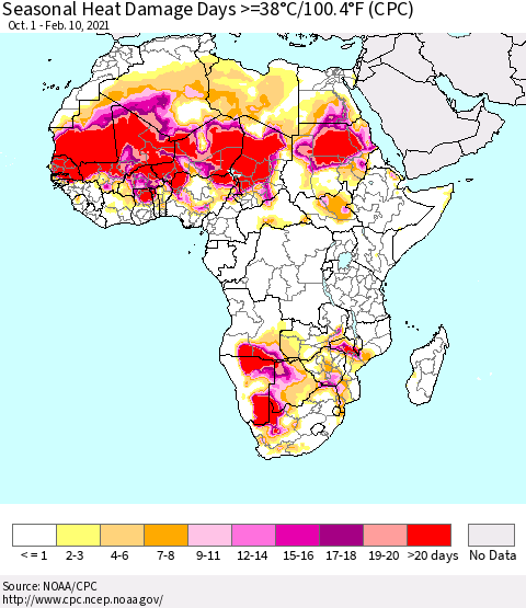 Africa Seasonal Heat Damage Days >=38°C/100°F (CPC) Thematic Map For 10/1/2020 - 2/10/2021