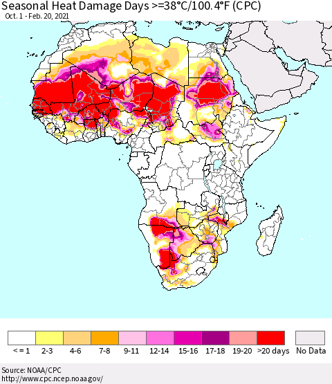 Africa Seasonal Heat Damage Days >=38°C/100°F (CPC) Thematic Map For 10/1/2020 - 2/20/2021