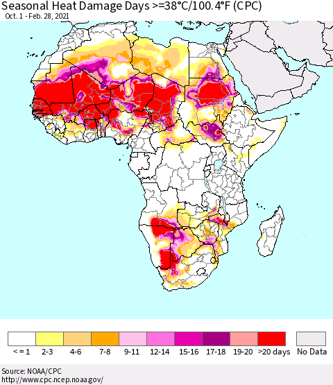 Africa Seasonal Heat Damage Days >=38°C/100°F (CPC) Thematic Map For 10/1/2020 - 2/28/2021