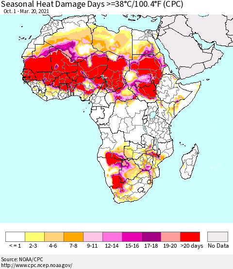 Africa Seasonal Heat Damage Days >=38°C/100°F (CPC) Thematic Map For 10/1/2020 - 3/20/2021