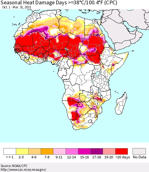 Africa Seasonal Heat Damage Days >=38°C/100°F (CPC) Thematic Map For 10/1/2020 - 3/31/2021