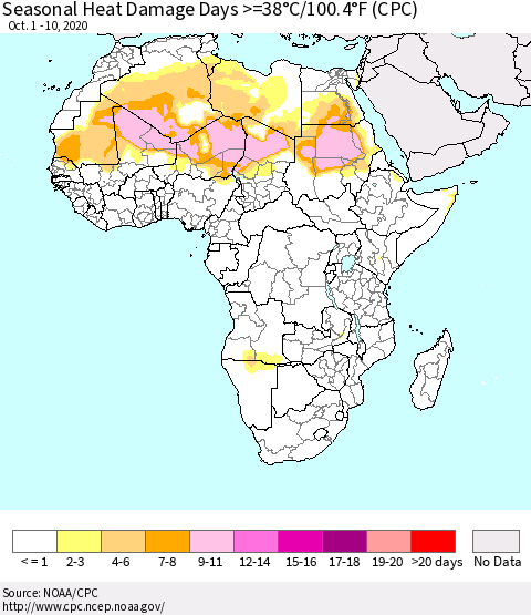 Africa Seasonal Heat Damage Days >=38°C/100°F (CPC) Thematic Map For 10/1/2020 - 10/10/2020
