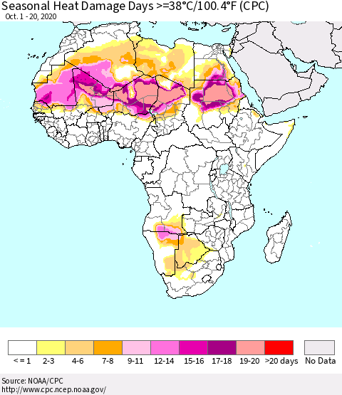 Africa Seasonal Heat Damage Days >=38°C/100°F (CPC) Thematic Map For 10/1/2020 - 10/20/2020