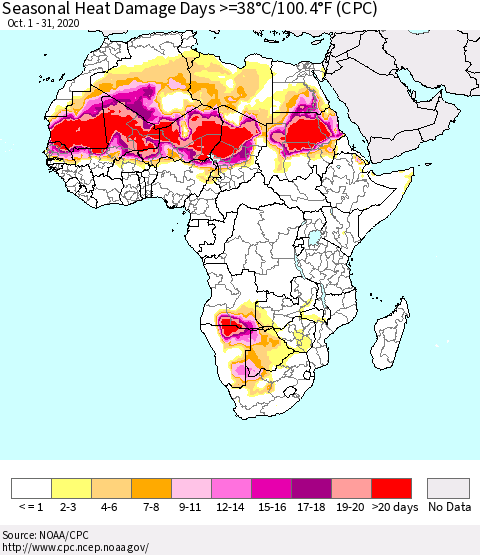 Africa Seasonal Heat Damage Days >=38°C/100°F (CPC) Thematic Map For 10/1/2020 - 10/31/2020