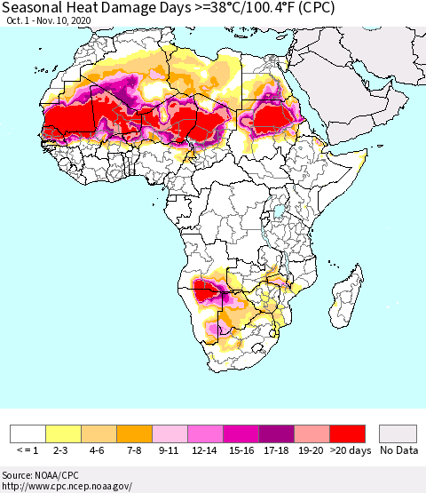 Africa Seasonal Heat Damage Days >=38°C/100°F (CPC) Thematic Map For 10/1/2020 - 11/10/2020