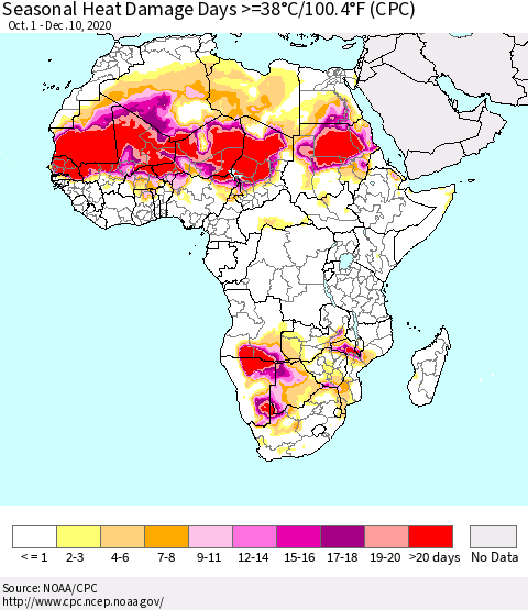 Africa Seasonal Heat Damage Days >=38°C/100°F (CPC) Thematic Map For 10/1/2020 - 12/10/2020