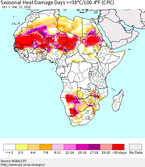 Africa Seasonal Heat Damage Days >=38°C/100°F (CPC) Thematic Map For 10/1/2020 - 12/31/2020