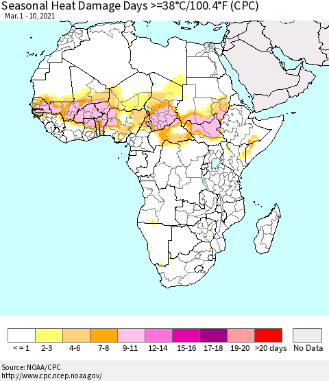 Africa Seasonal Heat Damage Days >=38°C/100°F (CPC) Thematic Map For 3/1/2021 - 3/10/2021