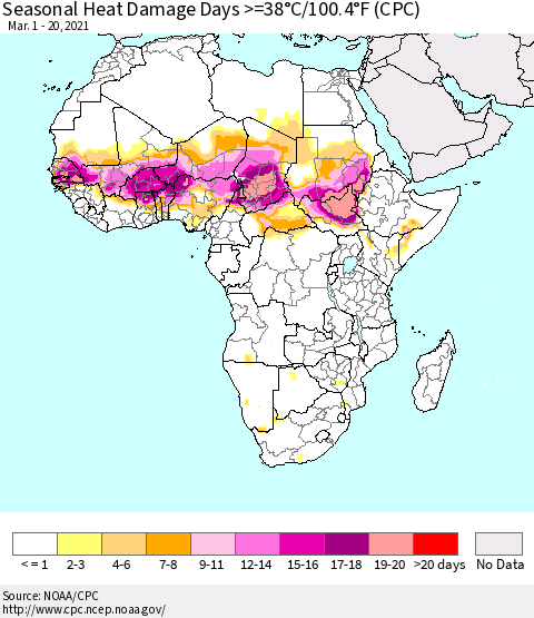 Africa Seasonal Heat Damage Days >=38°C/100°F (CPC) Thematic Map For 3/1/2021 - 3/20/2021
