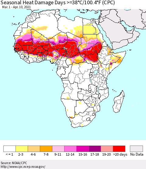 Africa Seasonal Heat Damage Days >=38°C/100°F (CPC) Thematic Map For 3/1/2021 - 4/10/2021