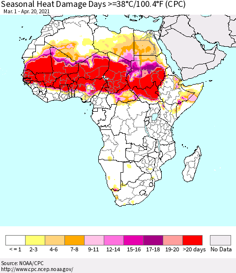 Africa Seasonal Heat Damage Days >=38°C/100°F (CPC) Thematic Map For 3/1/2021 - 4/20/2021