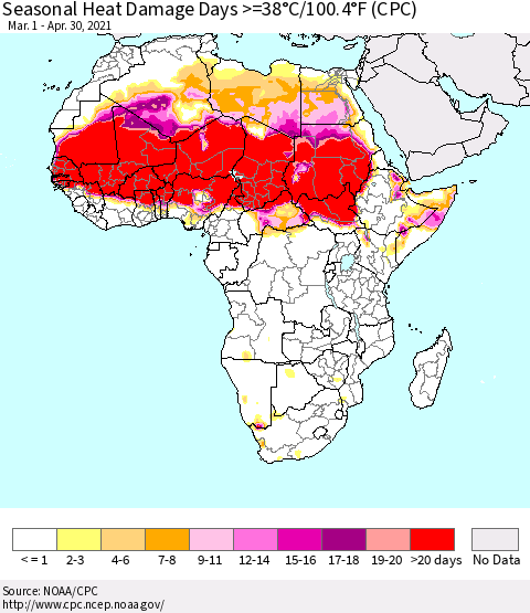 Africa Seasonal Heat Damage Days >=38°C/100°F (CPC) Thematic Map For 3/1/2021 - 4/30/2021