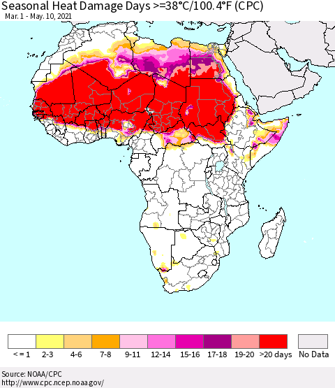 Africa Seasonal Heat Damage Days >=38°C/100°F (CPC) Thematic Map For 3/1/2021 - 5/10/2021