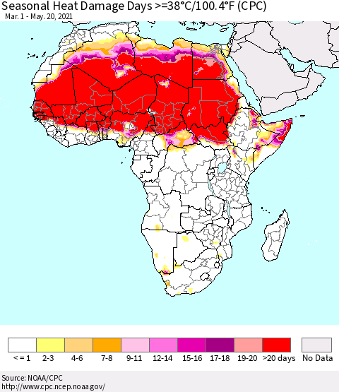 Africa Seasonal Heat Damage Days >=38°C/100°F (CPC) Thematic Map For 3/1/2021 - 5/20/2021