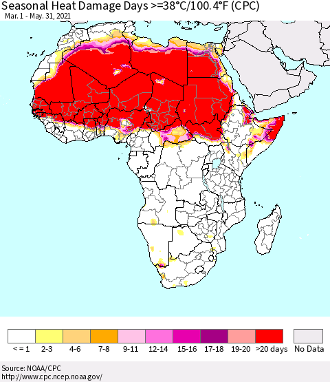 Africa Seasonal Heat Damage Days >=38°C/100°F (CPC) Thematic Map For 3/1/2021 - 5/31/2021