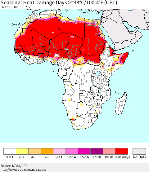 Africa Seasonal Heat Damage Days >=38°C/100°F (CPC) Thematic Map For 3/1/2021 - 6/10/2021