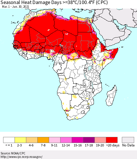 Africa Seasonal Heat Damage Days >=38°C/100°F (CPC) Thematic Map For 3/1/2021 - 6/30/2021