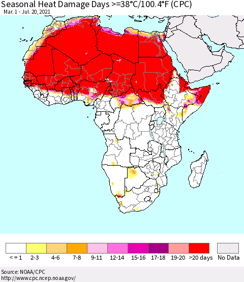 Africa Seasonal Heat Damage Days >=38°C/100°F (CPC) Thematic Map For 3/1/2021 - 7/20/2021