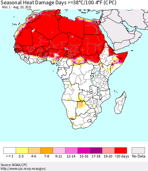 Africa Seasonal Heat Damage Days >=38°C/100°F (CPC) Thematic Map For 3/1/2021 - 8/20/2021