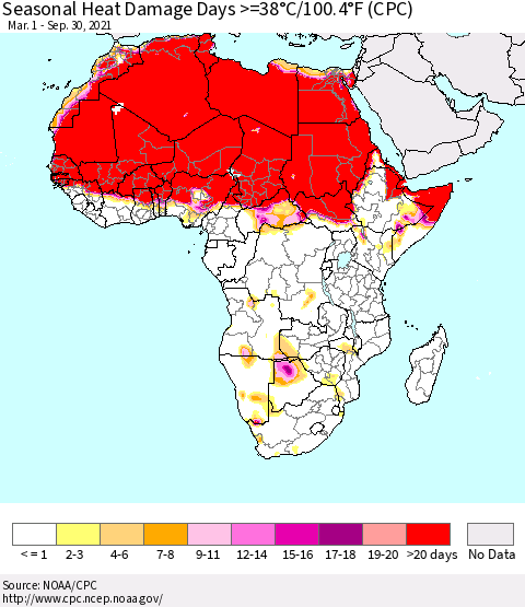 Africa Seasonal Heat Damage Days >=38°C/100°F (CPC) Thematic Map For 3/1/2021 - 9/30/2021