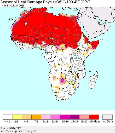 Africa Seasonal Heat Damage Days >=38°C/100°F (CPC) Thematic Map For 3/1/2021 - 10/10/2021