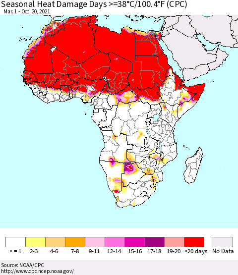 Africa Seasonal Heat Damage Days >=38°C/100°F (CPC) Thematic Map For 3/1/2021 - 10/20/2021