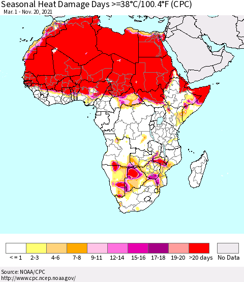 Africa Seasonal Heat Damage Days >=38°C/100°F (CPC) Thematic Map For 3/1/2021 - 11/20/2021