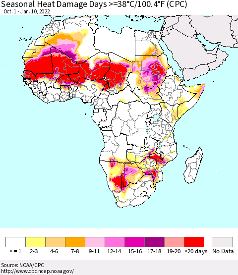 Africa Seasonal Heat Damage Days >=38°C/100°F (CPC) Thematic Map For 10/1/2021 - 1/10/2022