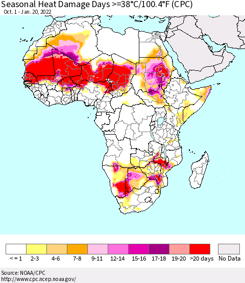 Africa Seasonal Heat Damage Days >=38°C/100°F (CPC) Thematic Map For 10/1/2021 - 1/20/2022