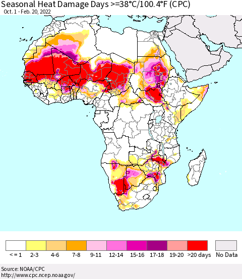 Africa Seasonal Heat Damage Days >=38°C/100°F (CPC) Thematic Map For 10/1/2021 - 2/20/2022