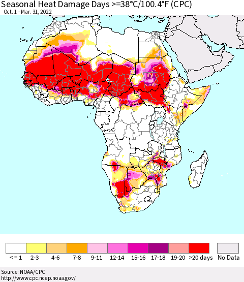Africa Seasonal Heat Damage Days >=38°C/100°F (CPC) Thematic Map For 10/1/2021 - 3/31/2022